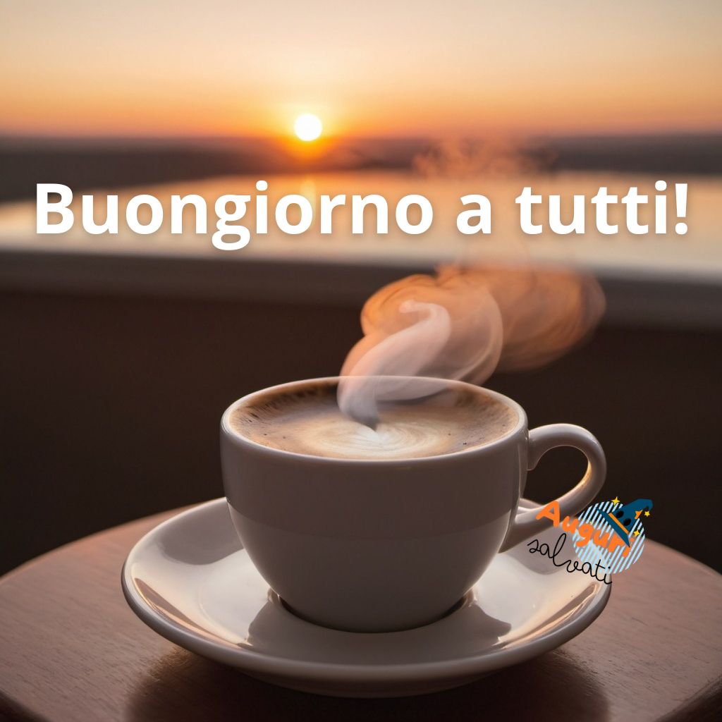 Una tazza di caffè fumante su un piattino è appoggiata su un tavolo con l'alba sullo sfondo. Nella parte superiore dell'immagine c'è scritto buongiorno a tutti con punto esclamativo e contorno bianco. Una splendida immagine che trasmette serenità e leggerezza. Una raccolta di nuove bellissime Immagini di Buongiorno da scaricare gratuitamente e condividere con amici, parenti, gruppi tramite WhatsApp Facebook Twitter Pinterest Telegram Instagram autore augurisalvati.com