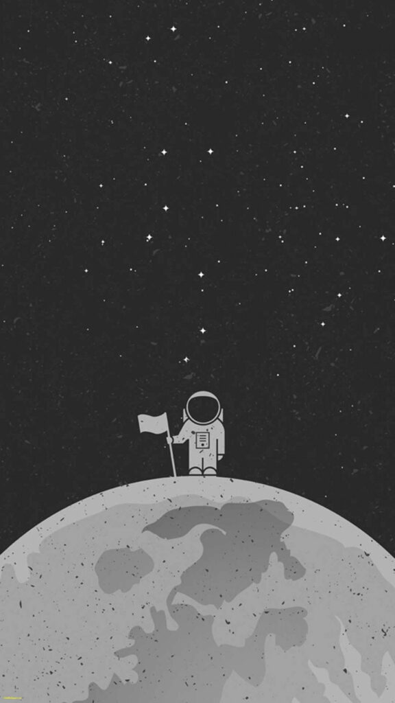 Sfondo telefono astronauta sulla luna: un'illustrazione minimalista in bianco e nero di un astronauta che pianta una bandiera sulla superficie lunare, contro lo sfondo di un cielo stellato e notturno - Scarica gratis su Augurisalvati.com