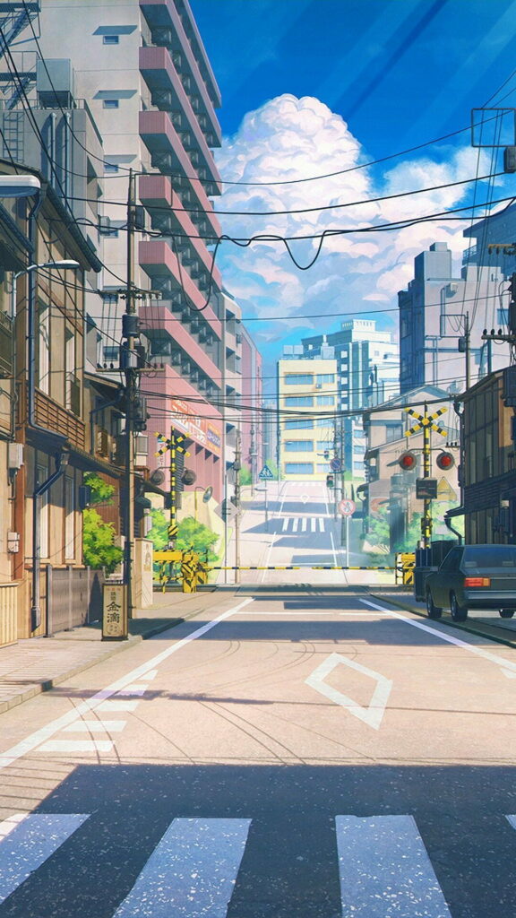 Sfondo telefono strada città anime: un'immagine vivace di una strada cittadina anime piena di vita, con edifici colorati e diverse auto che si muovono nella scena affollata e dinamica - Scarica gratis su Augurisalvati.com